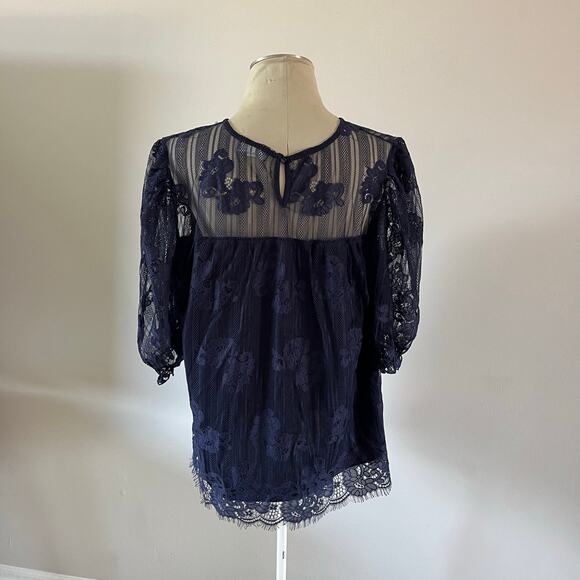 Blue Lace Overlay Sweetheart Neckline Blouse Plus Sz 2X Cruise Coastal Beach - Picture 8 of 13
